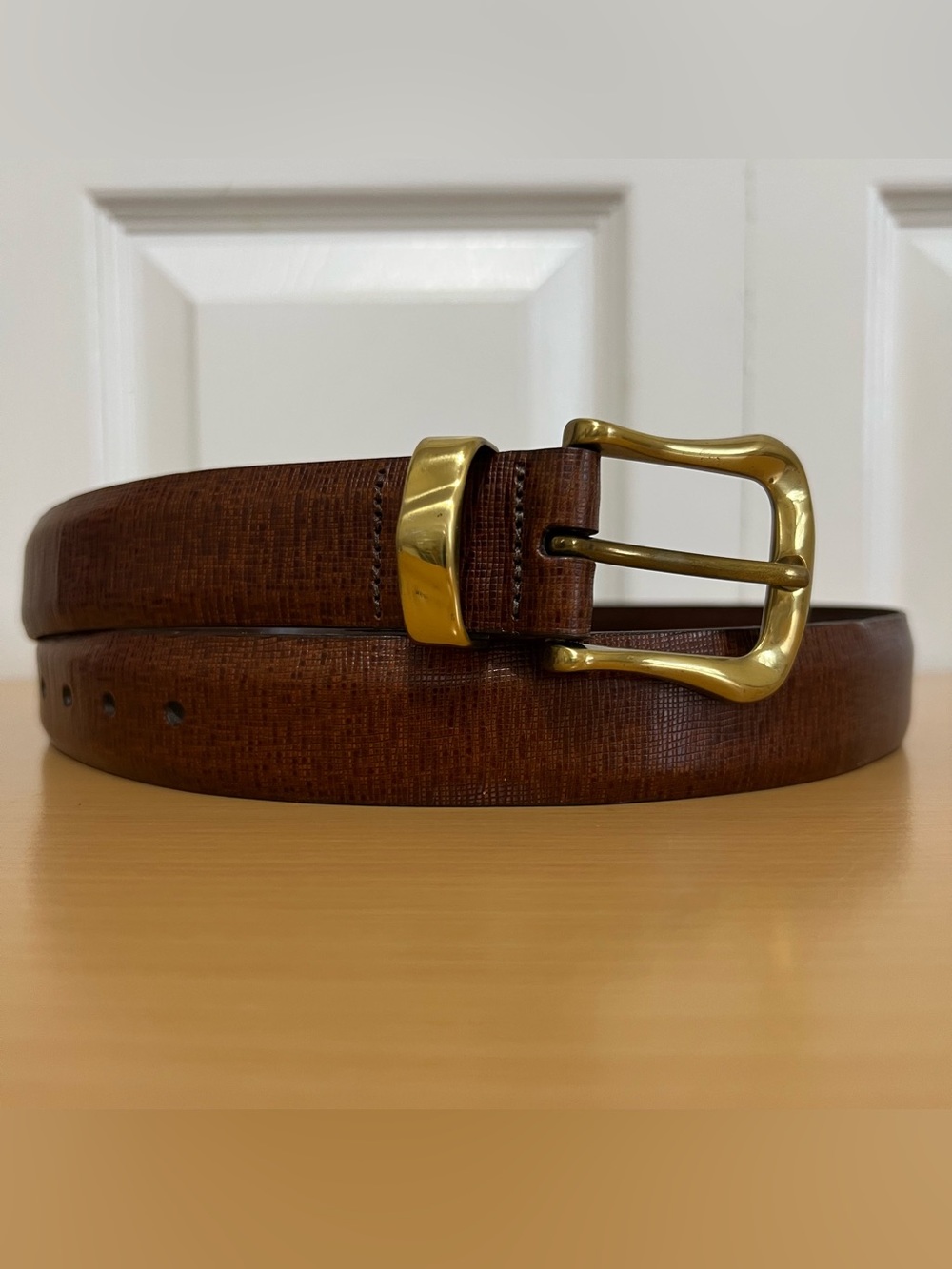 Martin Dingman Handmade Brown Italian Leather Dress Belt Gold Buckle Size 34 USA